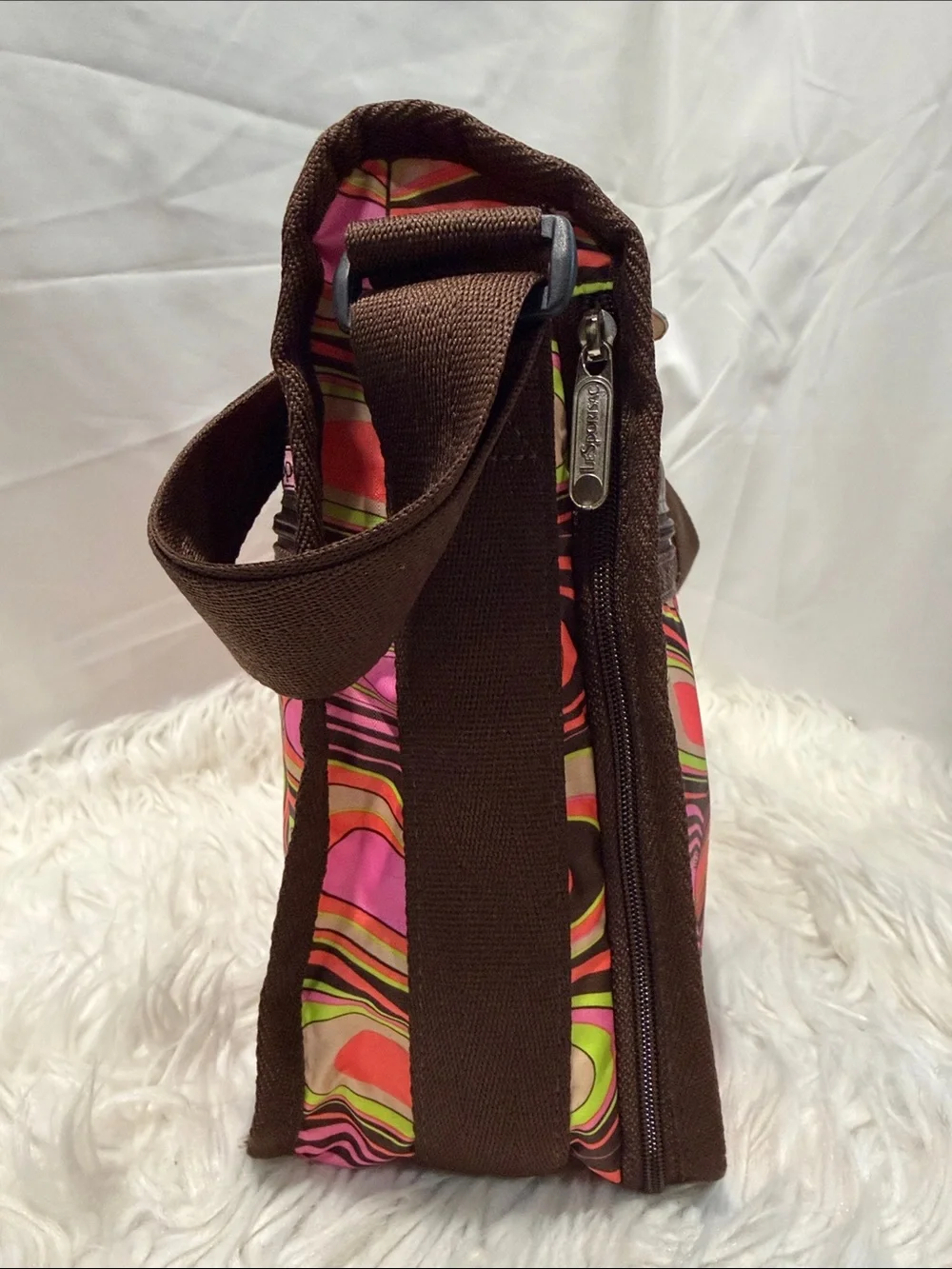 LeSportsac Brown Crossbody Bag with Pink, Red and Green Heart Print